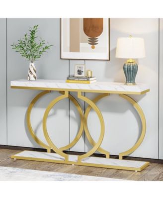 Gold Console Table, 55.11 inch Faux Marble Entryway Table Narrow Long Sofa Table, Modern Accent Table for Living Room, Entrance Table Geometric Metal Frame, White and Gold.