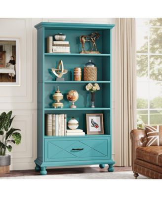 6-Shelf Bookcase with Drawer, 71 Inch Tall Floor Standing Bookshelf with Solid Wood Legs, 6-Tier Large Open Display Storage Book Shelf for Living Room, Home Office