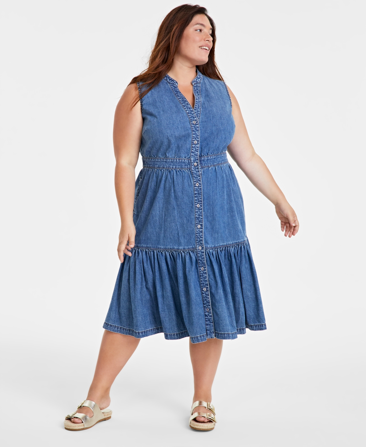 ON 34TH TRENDY PLUS SIZE DENIM TIERED MIDI DRESS, CREATED FOR MACY'S 