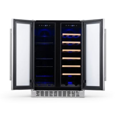 24 Inch Premium Built-in Dual Zone 20 Bottle and 60 Can French Door Wine and Beverage Fridge in Stainless Steel with SplitShelf