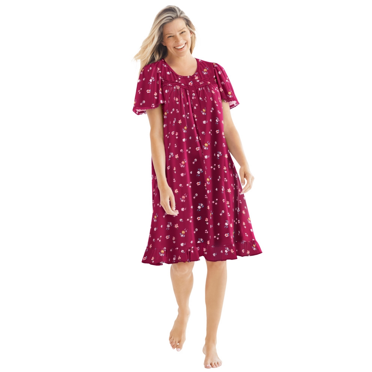 Plus Size Short Floral Print Cotton Gown - French blue garden