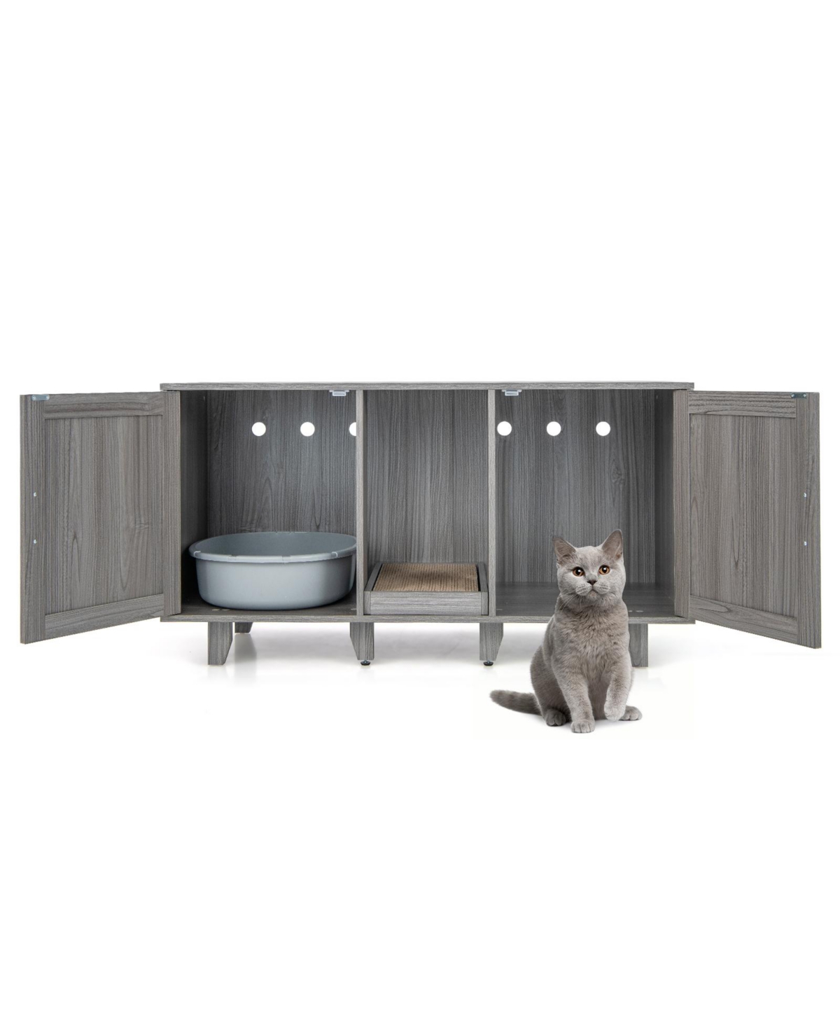 Slickblue 2-Door Cat Litter Box Enclosure with Winding Entry and Scratching Board