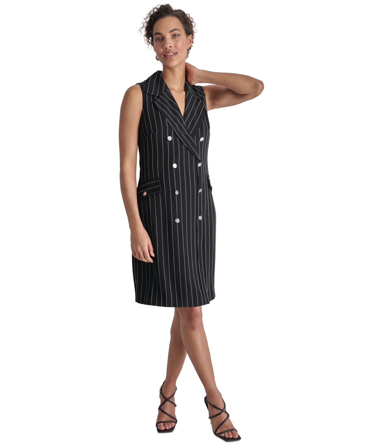 Women's Pinstriped Double-Breasted Blazer Dress - Black