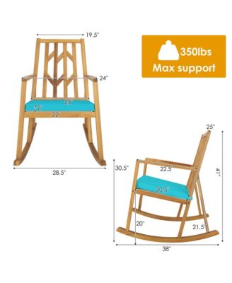 Set of 2 Outdoor Acacia Wood Rocking Chair Wooden Patio Rocker w/ Turquoise Cushion