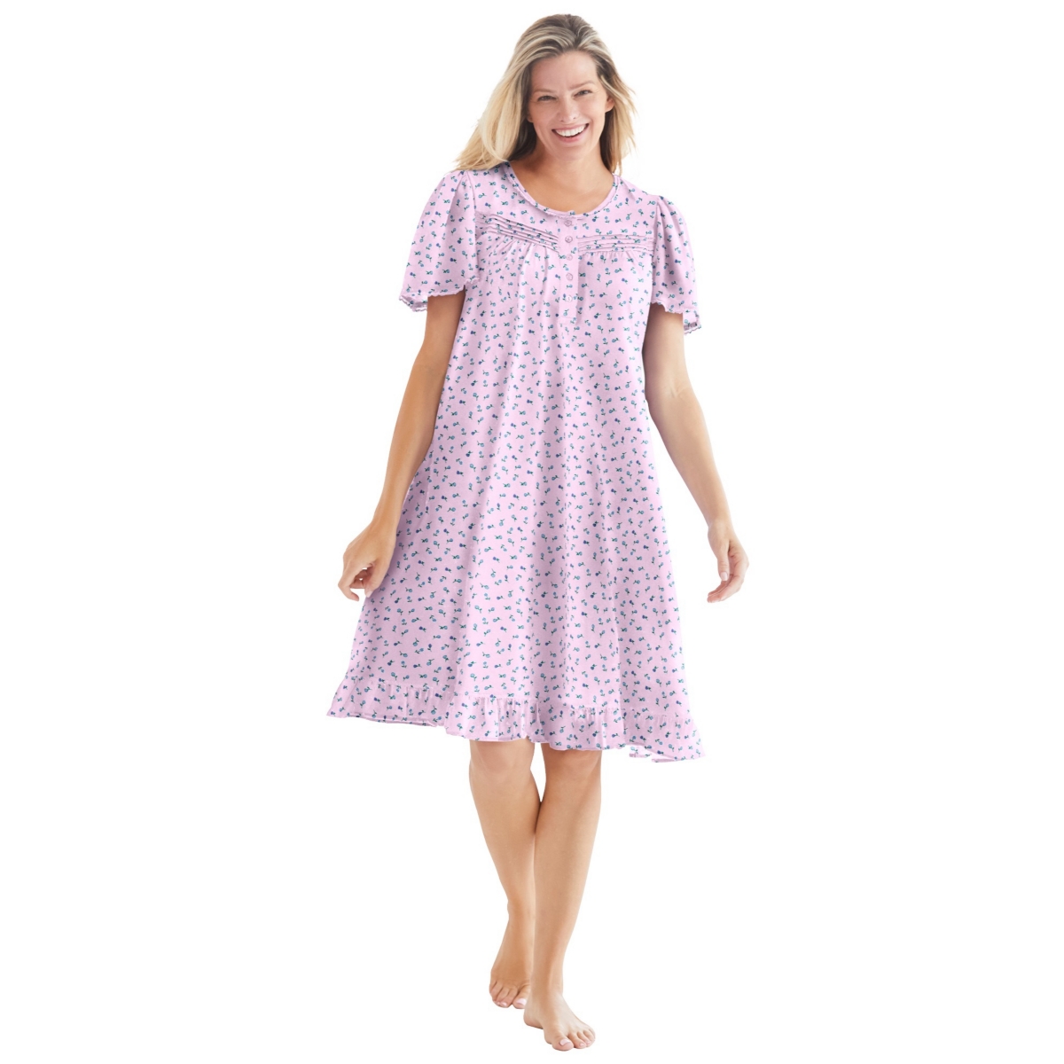 Plus Size Short Floral Print Cotton Gown - French blue garden