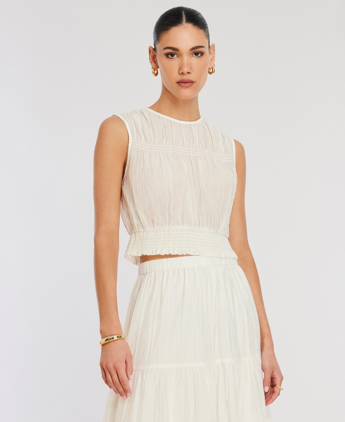 Women's Crewneck Smocked Sleeveless Top - Blanc
