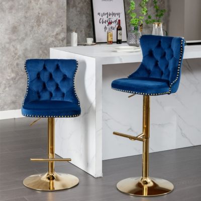 Modern Blue Velvet Bar Stools, Set of 2