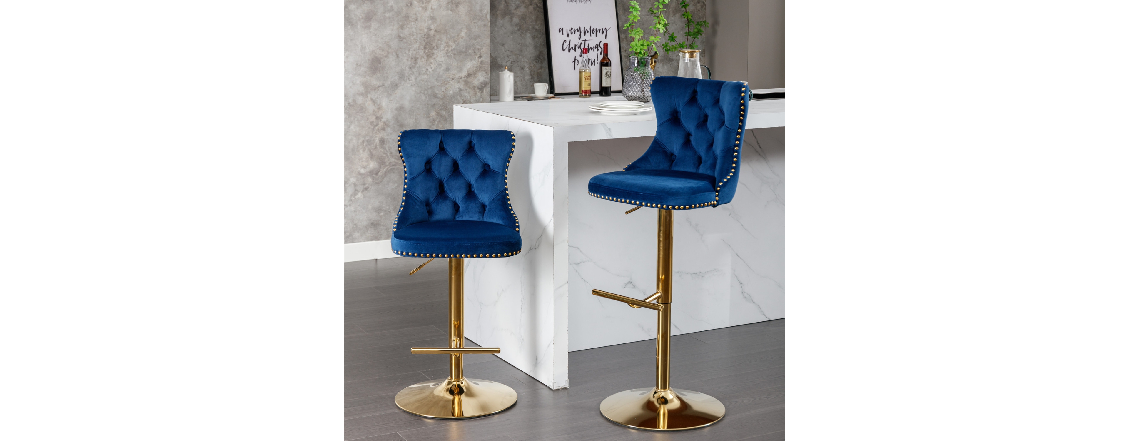 Streamdale Modern Blue Velvet Bar Stools, Set of 2