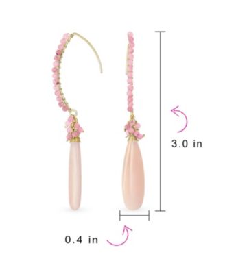 Boho Wire Wrap Cluster Bead Accent Linear Elongated Fish Hook Soft Light Pink Natural Tourmaline Long Teardrop Chandelier Dangle Earrings Gold Plated