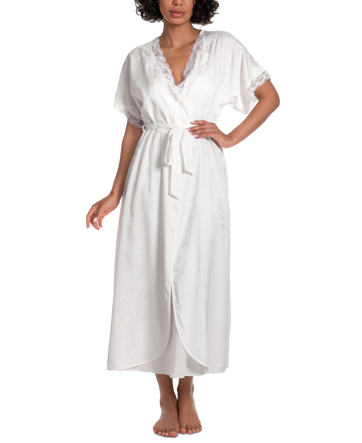 Women's Satin Jacquard Lace-Trim Robe - Ivory