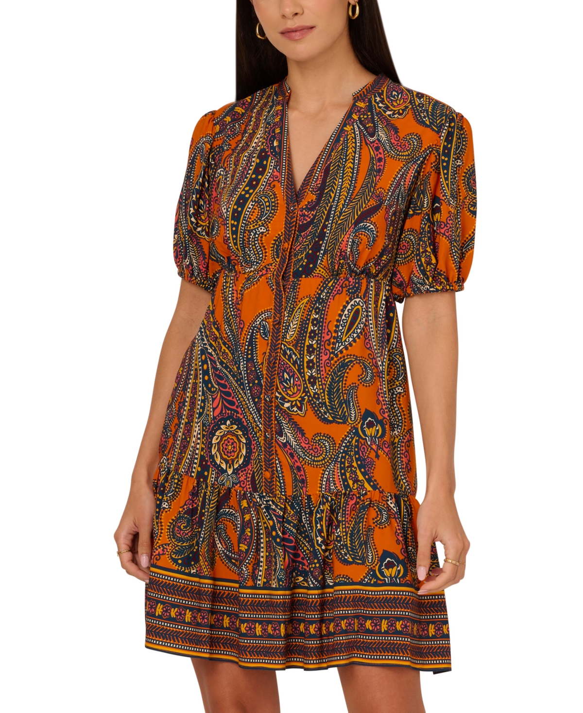Adrianna by Adrianna Papell Women's Printed Puff-Sleeve A-Line Dress