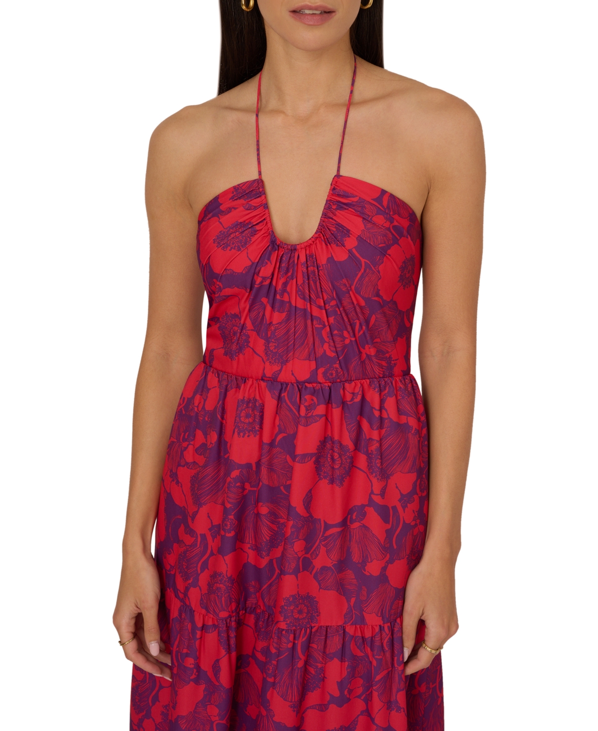 Adrianna by Adrianna Papell Women's Floral Print Halter Sleeveless Midi Dress -Red