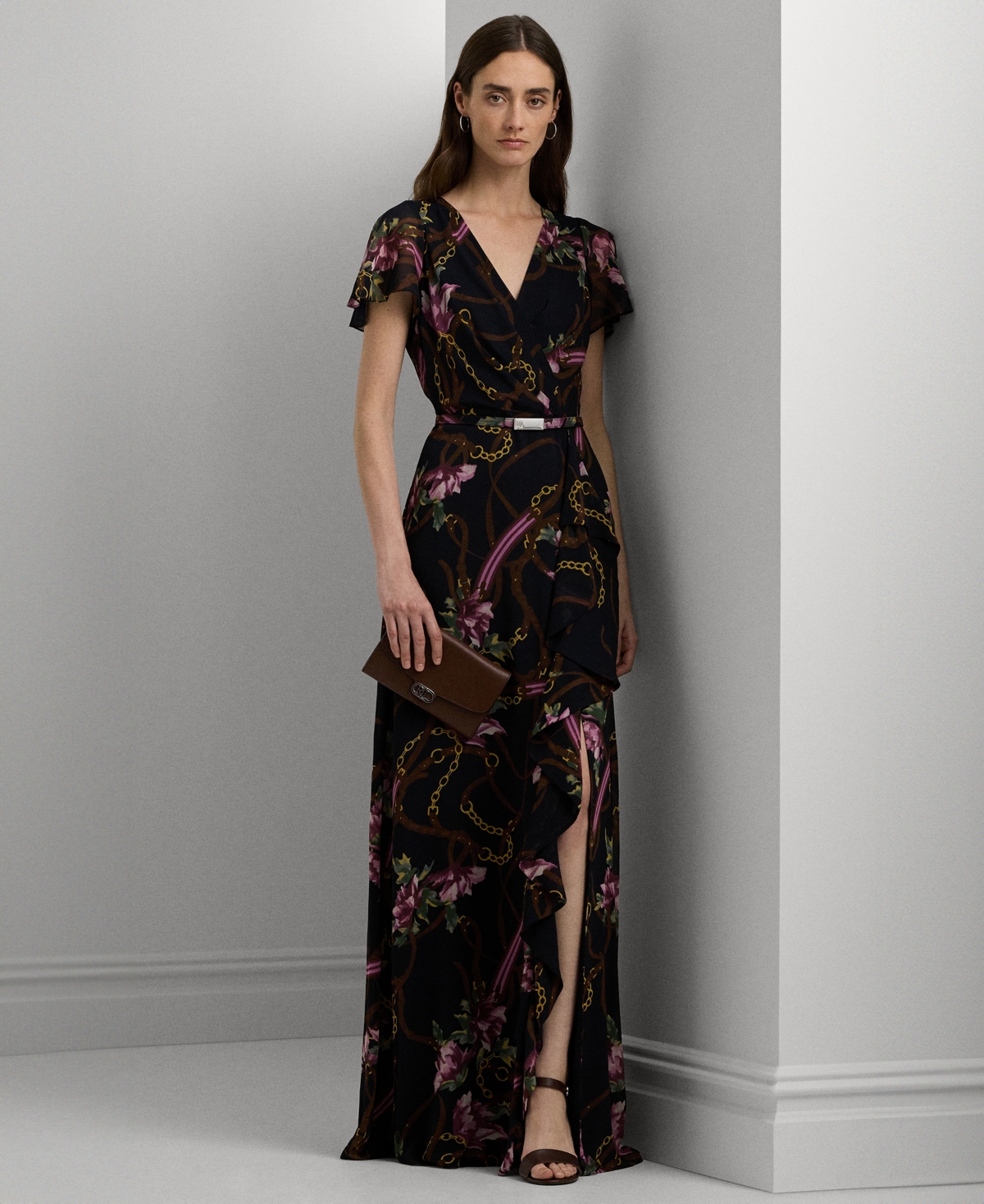 Women's Belted Floral Flutter-Sleeve Gown - Navy Multi