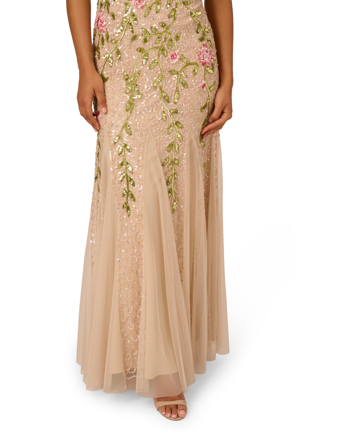 ADRIANNA PAPELL WOMEN'S BEADED MESH FLUTTER-SLEEVE GOWN 