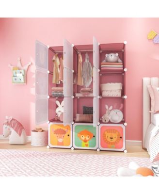 12-Cube Kids Wardrobe Baby Dresser Bedroom Armoire Clothes Hanging Closet with Door