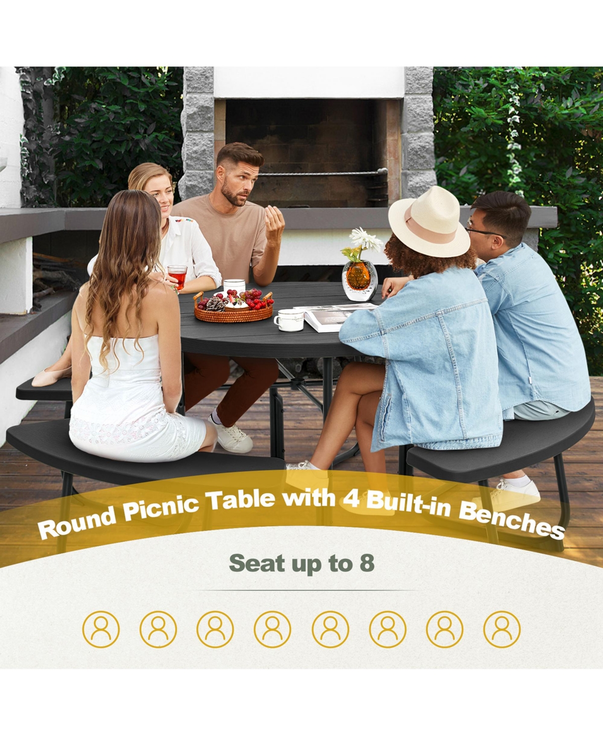 Outdoor 8-person Round Picnic Table Bench Set with 4 Benches & Umbrella Hole