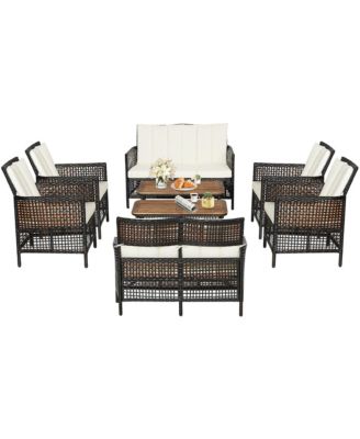 8PCS Patio Rattan Furniture Set Cushioned Chairs Wood Table Top W/Shelf