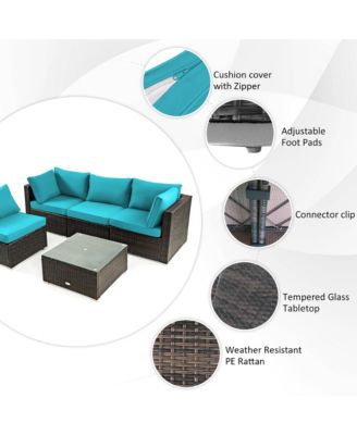 6PCS Patio Rattan Furniture Set 42'' Fire Pit Table Cover Sofa Cushion