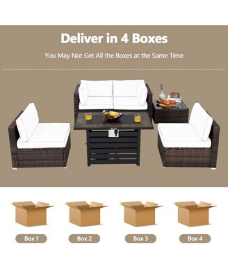 6PCS Patio Rattan Furniture Set 42'' Fire Pit Table Cover Sofa Cushion