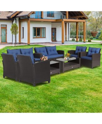 8 PCS Patio Rattan Furniture Set Glass Table Shelf Sofa Cushion Black