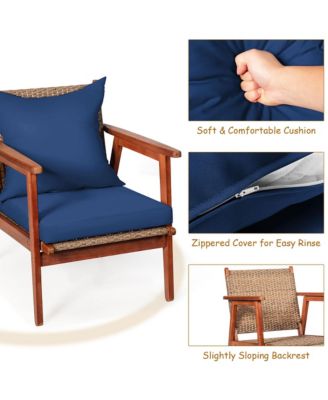 8PCS Patio Rattan Furniture Set Acacia Wood Frame Cushioned Sofa Chair Navy