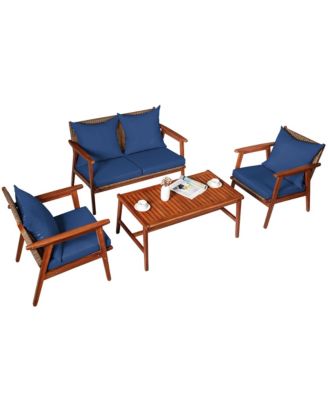 8PCS Patio Rattan Furniture Set Acacia Wood Frame Cushioned Sofa Chair Navy