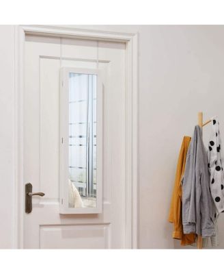 Full Length Mirror Jewelry Cabinet with Ring Slots and Necklace Hooks-White