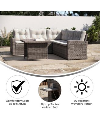 Shelton Indoor/Outdoor L-Shaped Sofa/Dining Table Conversation Set With Wicker Rattan Construction And Weather-Resistant Cushions