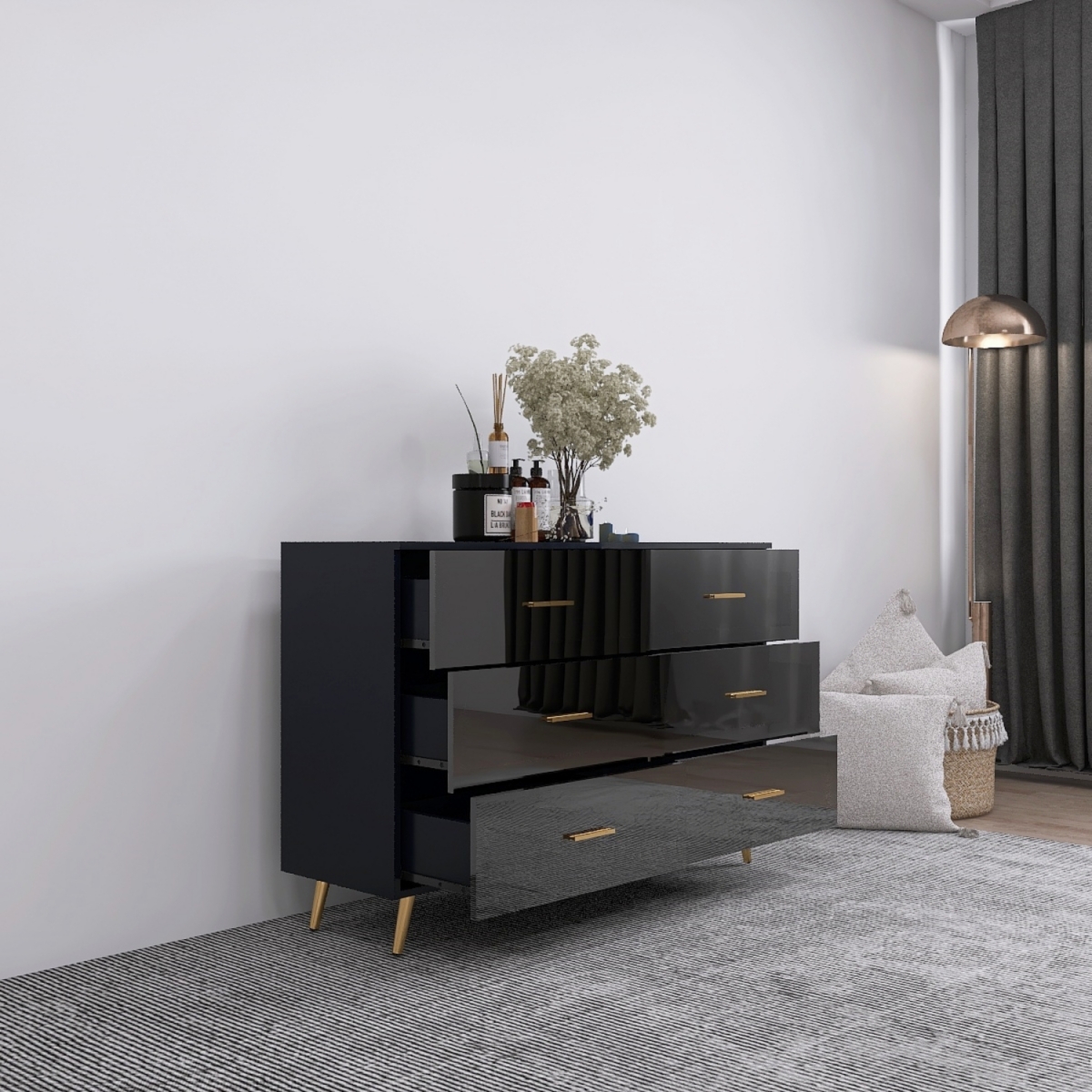 Simplie Fun 6 Drawer Chest with Golden Accents in Black Finish