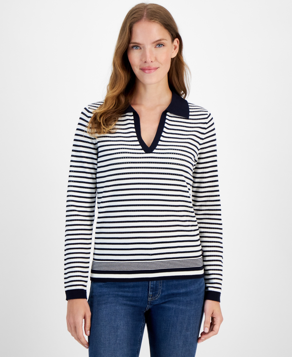Nautica Jeans Women's Striped Johnny Collar Long-Sleeve Sweater -i