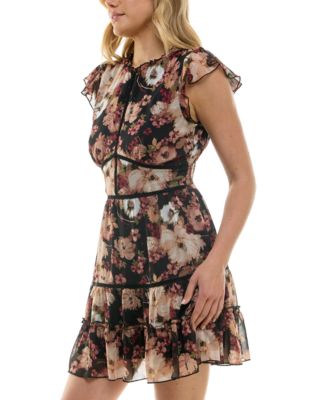 Juniors' Printed Tiered-Ruffle Short-Sleeve Dress