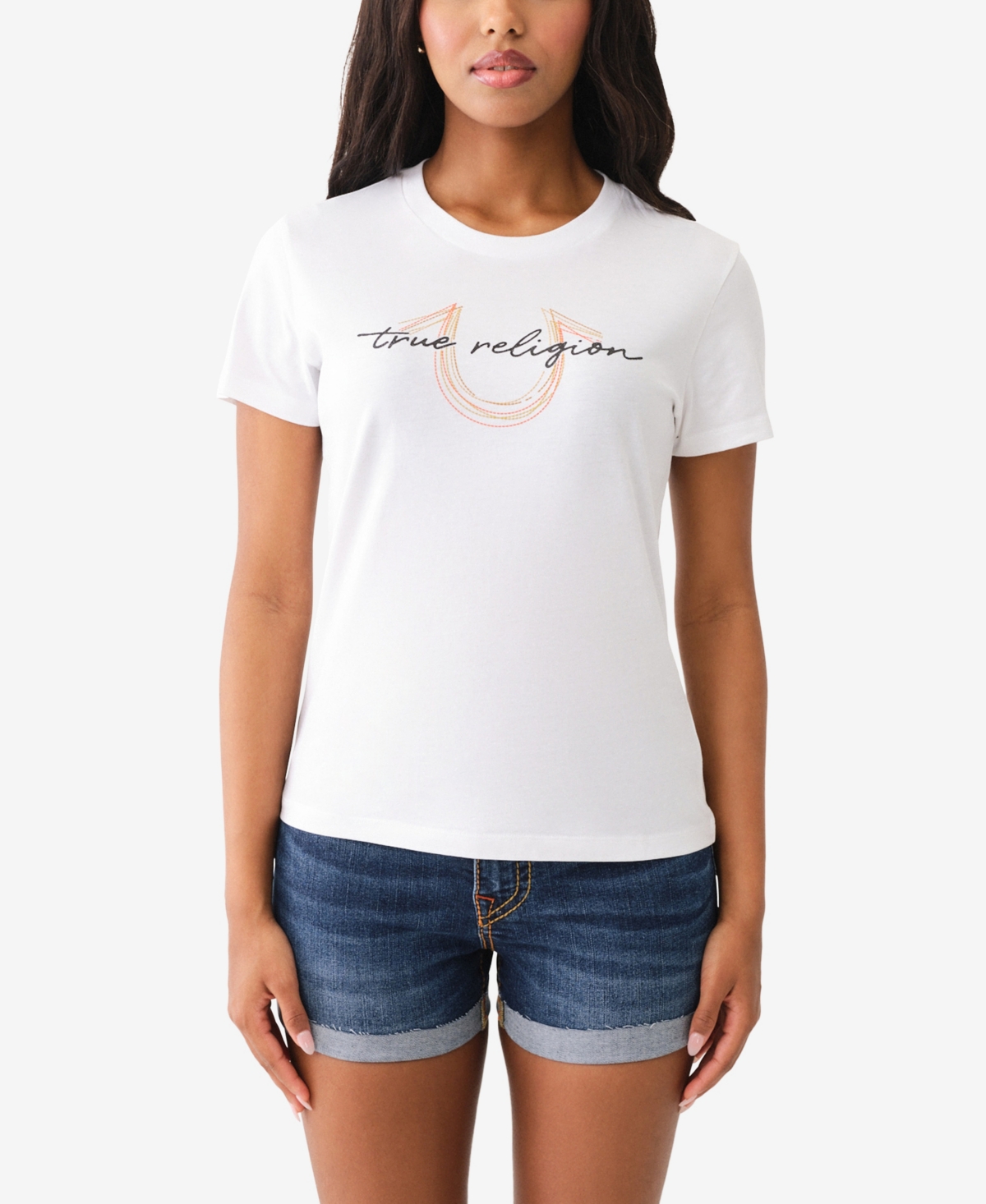 Shop True Religion Women's Short Sleeve Multi Stitch Horseshoe Crew Tee In White