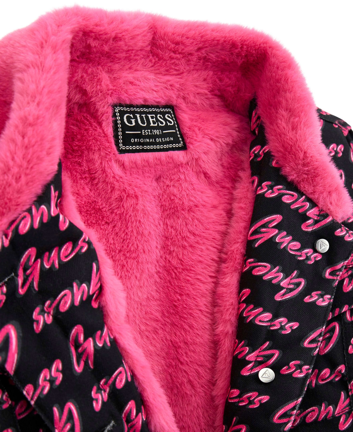 Guess Big Girls Denim Jacket with Faux Fur Collar and Lining - Black And Pink Multi