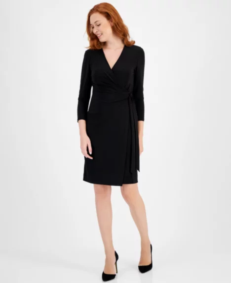 Petite Classic 3/4-Sleeve Wrap Dress - Black