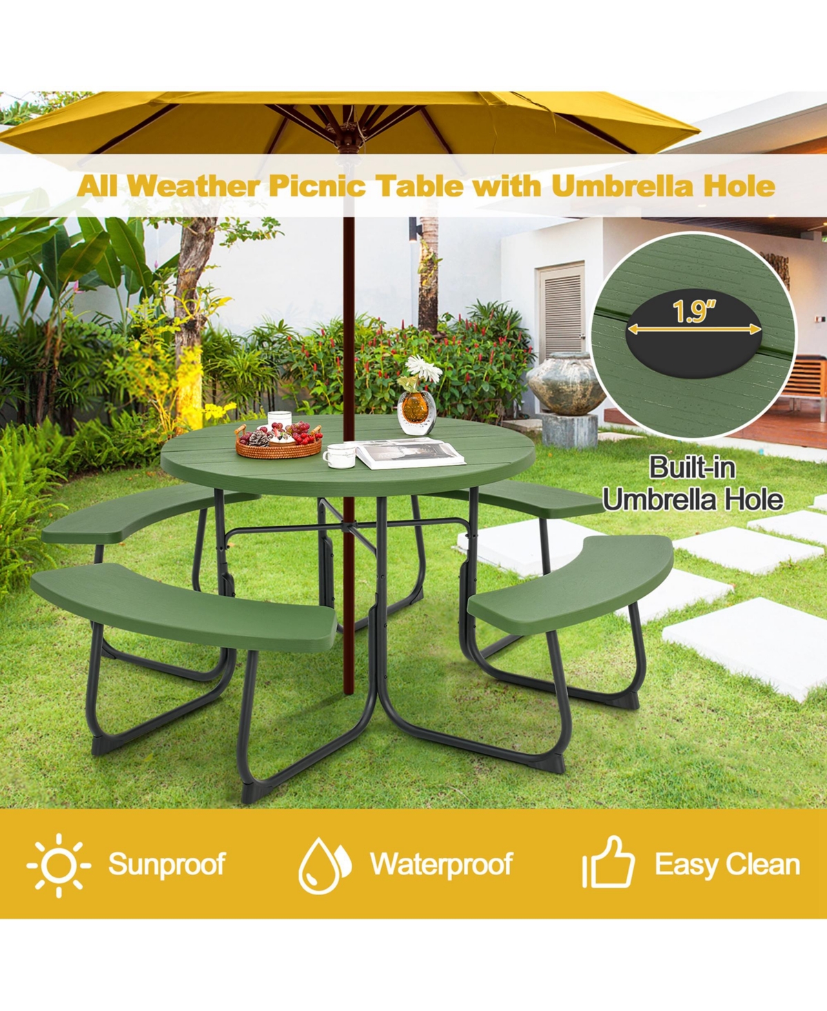 Outdoor 8-person Round Picnic Table Bench Set with 4 Benches & Umbrella Hole