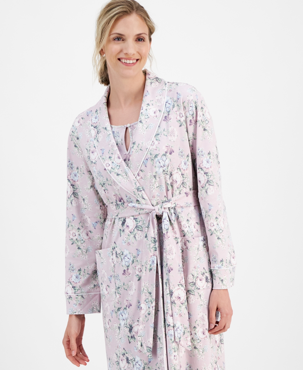 Charter Club Women's Cotton Floral-Print Tie-Waist Robe, Created for Macy's