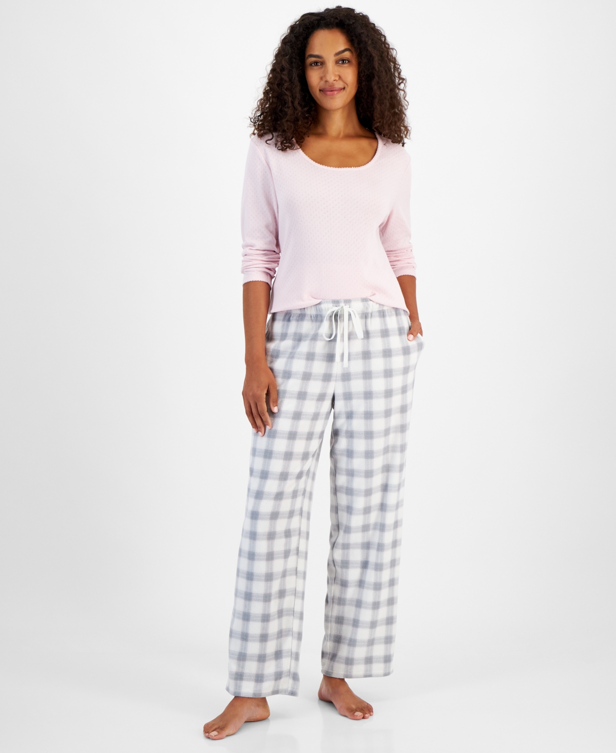 Women's Printed Fleece Pajama Pants, Created for Macy's - Fuzzy Plaid Gry