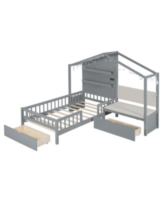 Streamdale Twin House Bed with Sofa, Charging Station, Shelves & Drawers