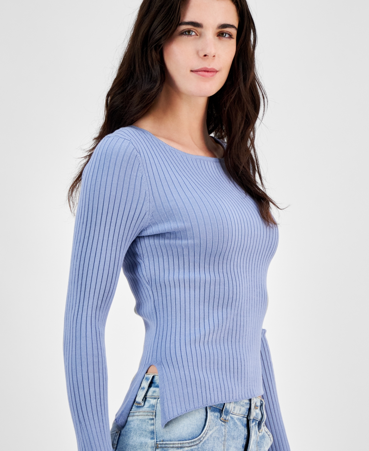 Hooked Up by Iot Juniors' Asymmetrical Hem Ribbed Long-Sleeve Top