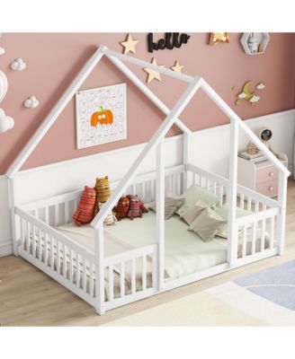 Full Wood House-Shaped Floor Bed with Fence, Guardrails, White