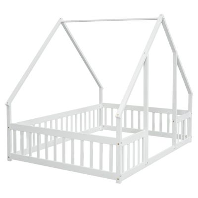Full Wood House-Shaped Floor Bed with Fence, Guardrails, White