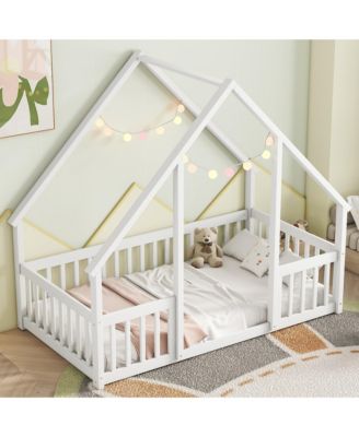 Twin Wood House-Shaped Floor Bed with Fence, Guardrails