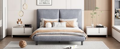 Streamdale Queen Platform Bed with Headrests, Beige Fabric