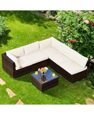 6PCS Patio Rattan Furniture Set Cushioned Sofa Coffee Table Garden