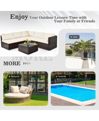 6PCS Patio Rattan Furniture Set Cushioned Sofa Coffee Table Garden