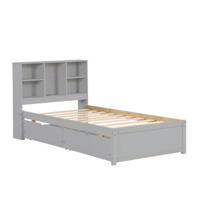 Modern Twin Bed Frame with USB, Headboard Bookcase & Drawers