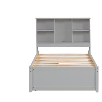 Modern Twin Bed Frame with USB, Headboard Bookcase & Drawers