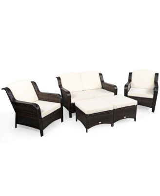 5PCS Patio Rattan Furniture Set Loveseat Sofa Ottoman