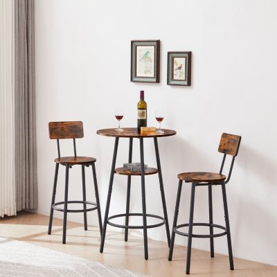 Rustic Brown Barstool Set with Backrests and Shelves