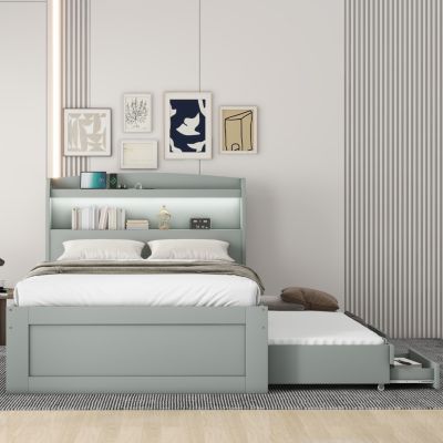Streamdale Twin XL Bed w/ LED Headboard, Storage, Trundle, Drawers